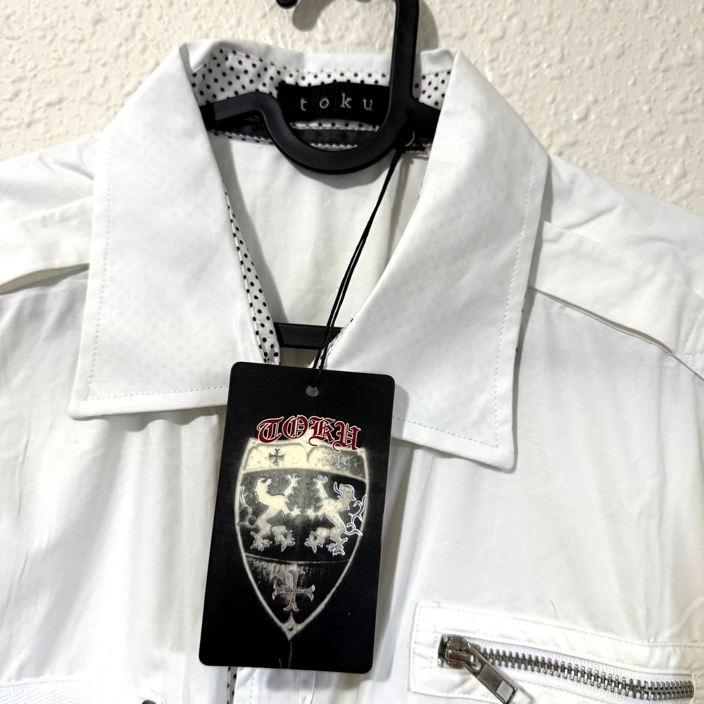 Toku Mens White Utility Button Down Shirt Long Sleeve Polka Dot Trim Size XL NWT